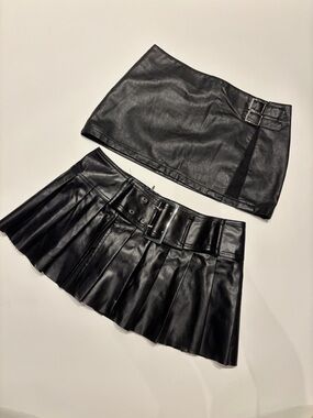 SHEIN Black Faux Leather Pleated Mini Skirt with Wide Buckle Belt Bundle